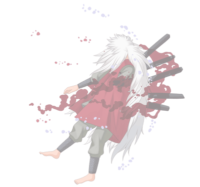 Animated depiction of Jiraiya with swords impaled through his red-clad figure, dramatic splashes of red symbolizing battle wounds, against a stark background.