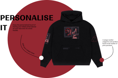 Customizable black hoodie with anime prints, highlighted by a 'PERSONALISE IT' message and callouts for adding initials and a unique loyalty number, set against a bold red background